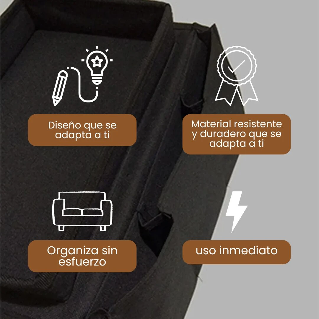 Organizador de reposabrazos negro para sofá, con iconos de diseño, durabilidad, organización y uso inmediato.
