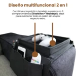 Organizador de reposabrazos negro con bandeja y 5 compartimentos para control remoto, móvil y controles de consola.