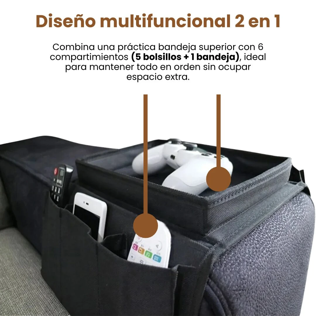Organizador de reposabrazos negro con bandeja y 5 compartimentos para control remoto, móvil y controles de consola.