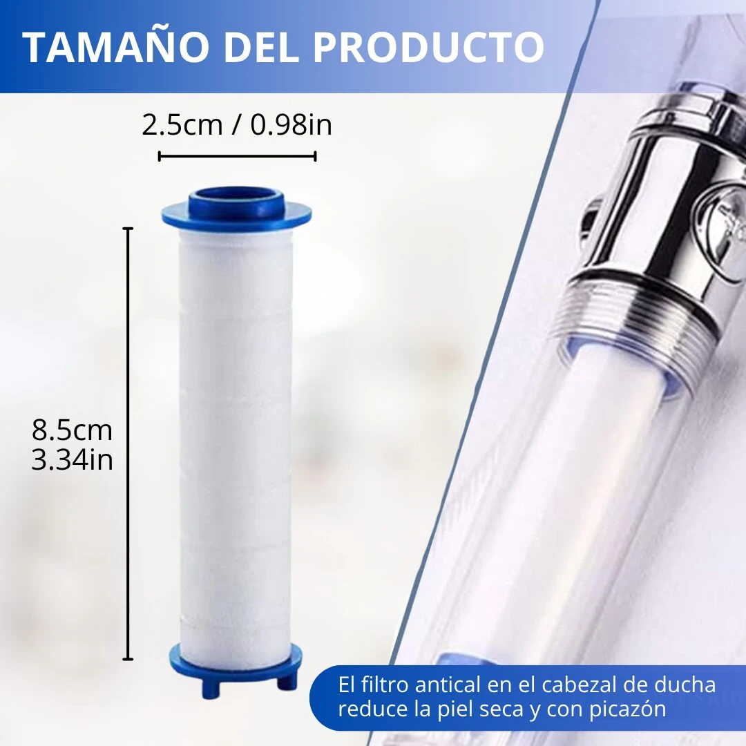 Filtro para ducha anti cal blanco, 8.5 cm alto, 2.5 cm ancho. Reduce piel seca.