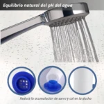 Ducha de baño con chorros de agua, tres filtros de repuesto y texto sobre equilibrio de pH y reducción de sarro.