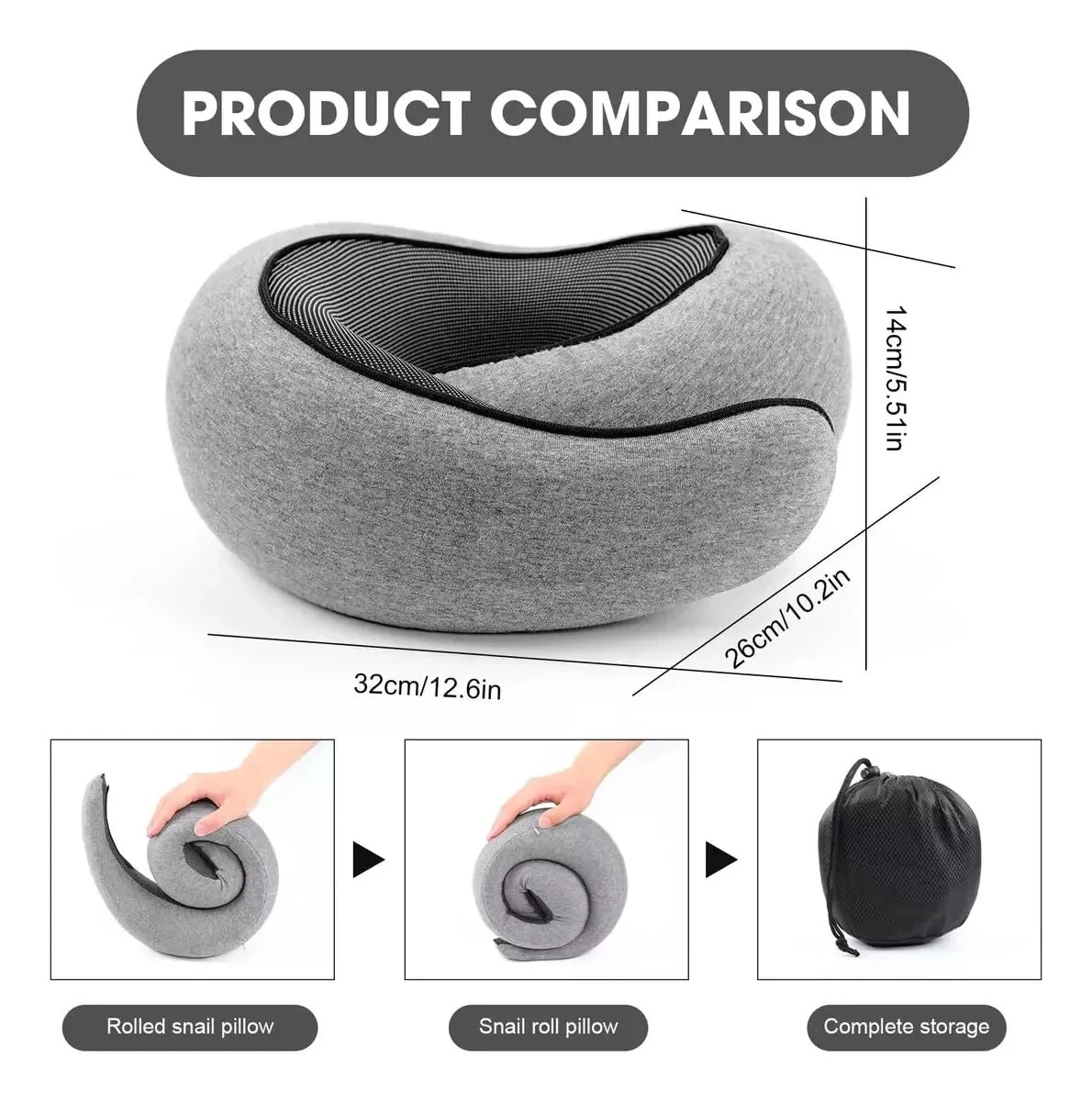 Almohada viajera gris de espuma viscoelástica con medidas, enrollable y con bolsa de almacenamiento.