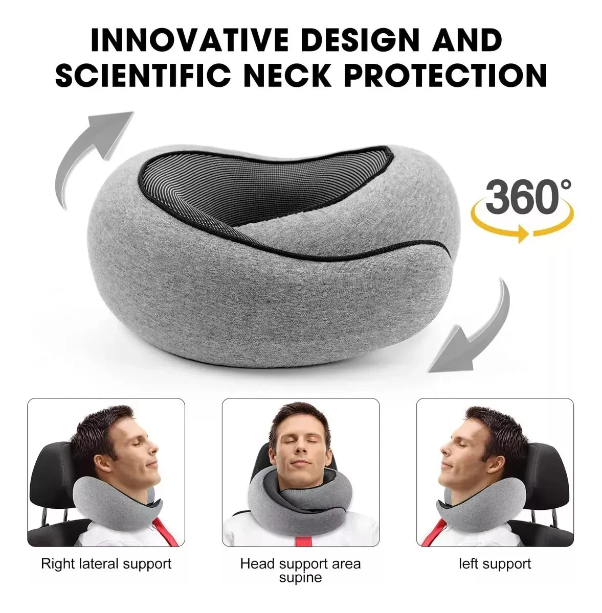 Almohada de viaje gris de espuma viscoelástica con soporte para cabeza en 3 posiciones: lateral y supino.