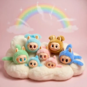 Set de 6 peluches Labubu de colores pastel sobre nube blanca, con arcoíris de fondo.