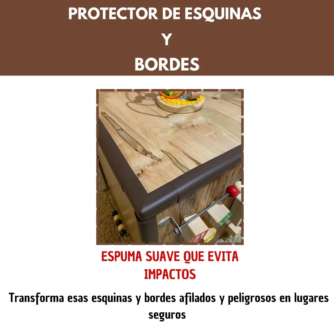 Protector de espuma suave color café para esquinas y bordes de mesa, evita impactos.