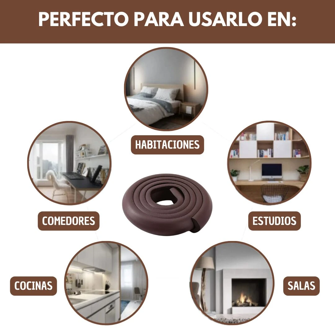 Protector antigolpes de borde de mesa enrollado en color café oscuro, ideal para habitaciones, comedores, cocinas, estudios y salas.