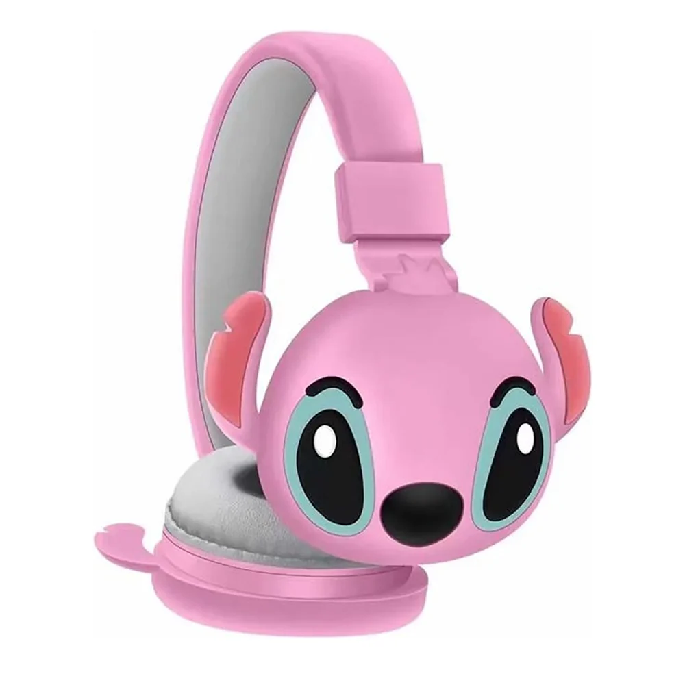 Audífonos infantiles rosas diseño de Angel (Stitch), diadema ajustable, almohadillas suaves, orejas y rostro del personaje.