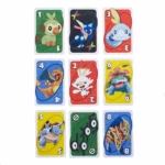Cartas Uno Pokémon: Grookey 1, Greninja, Sobble 3, Charizard 4, Scorbunny 2, Venusaur 6, Blastoise 5, Unown, Zacian 8.