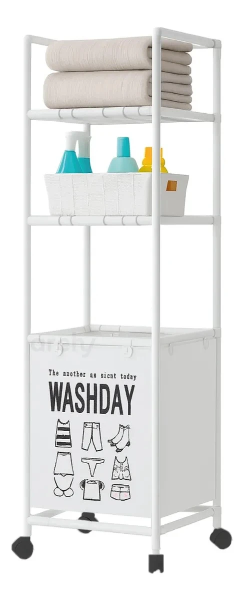 Carrito organizador blanco con dos toallas enrolladas, frascos y cesta con ropa.