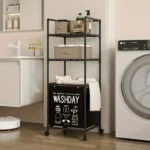 Cesta de ropa negra de 3 puestos con ruedas, para organizar lavandería, estilo moderno.