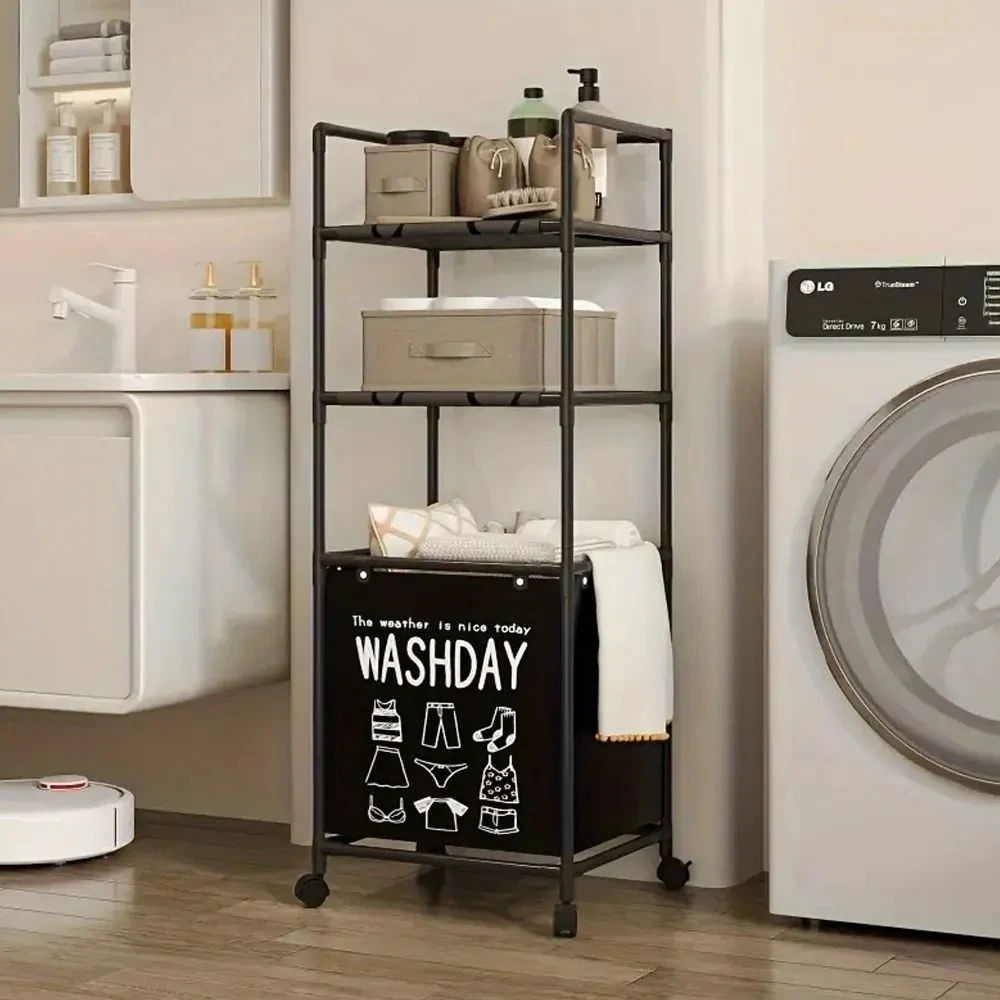 Cesta de ropa negra de 3 puestos con ruedas, para organizar lavandería, estilo moderno.