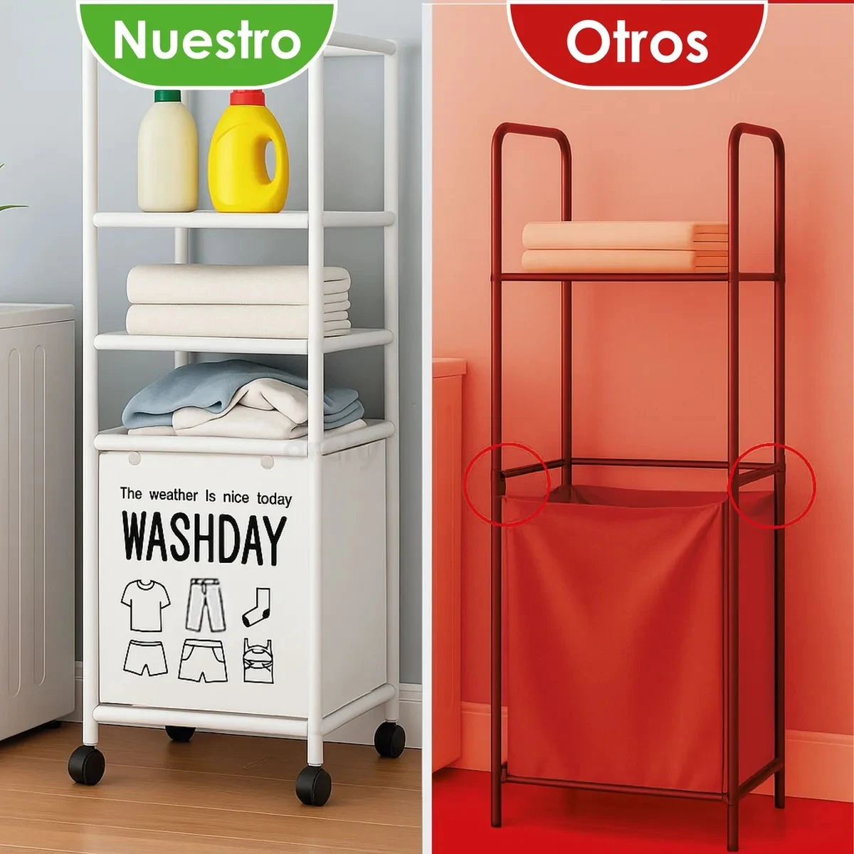 Cesta de ropa Cusia blanca con compartimentos y ruedas, comparada con cesta roja sin compartimentos.