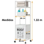 Cesta de ropa blanca de 3 niveles con ruedas. Mide 1.33m de alto y 40cm de ancho. Ideal para organizar ropa.