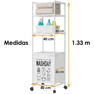 Cesta de ropa blanca de 3 niveles con ruedas. Mide 1.33m de alto y 40cm de ancho. Ideal para organizar ropa.