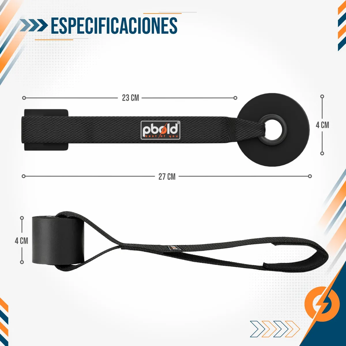 Especificaciones de soporte para bandas de resistencia, color negro, con anclaje redondo de 4 cm de diámetro y correa de 27 cm. Marca pbold.