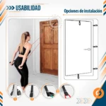 Mujer haciendo remo con banda roja anclada en la parte superior de una puerta de madera. Muestra accesorios de anclaje.