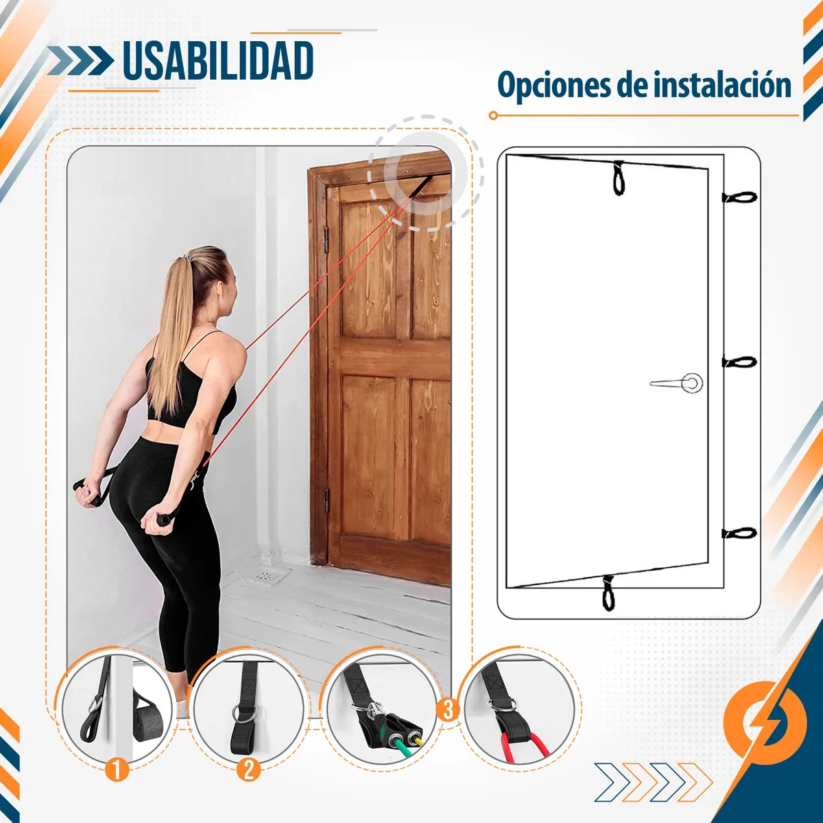 Mujer haciendo remo con banda roja anclada en la parte superior de una puerta de madera. Muestra accesorios de anclaje.