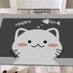 Tapete de baño antideslizante gris con diseño de gato blanco feliz y pez.