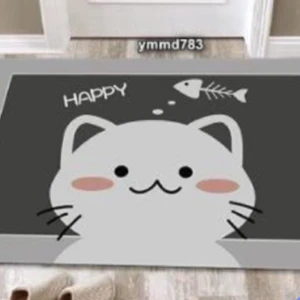 Tapete de baño antideslizante gris con estampado de gato blanco y pez, texto "HAPPY".