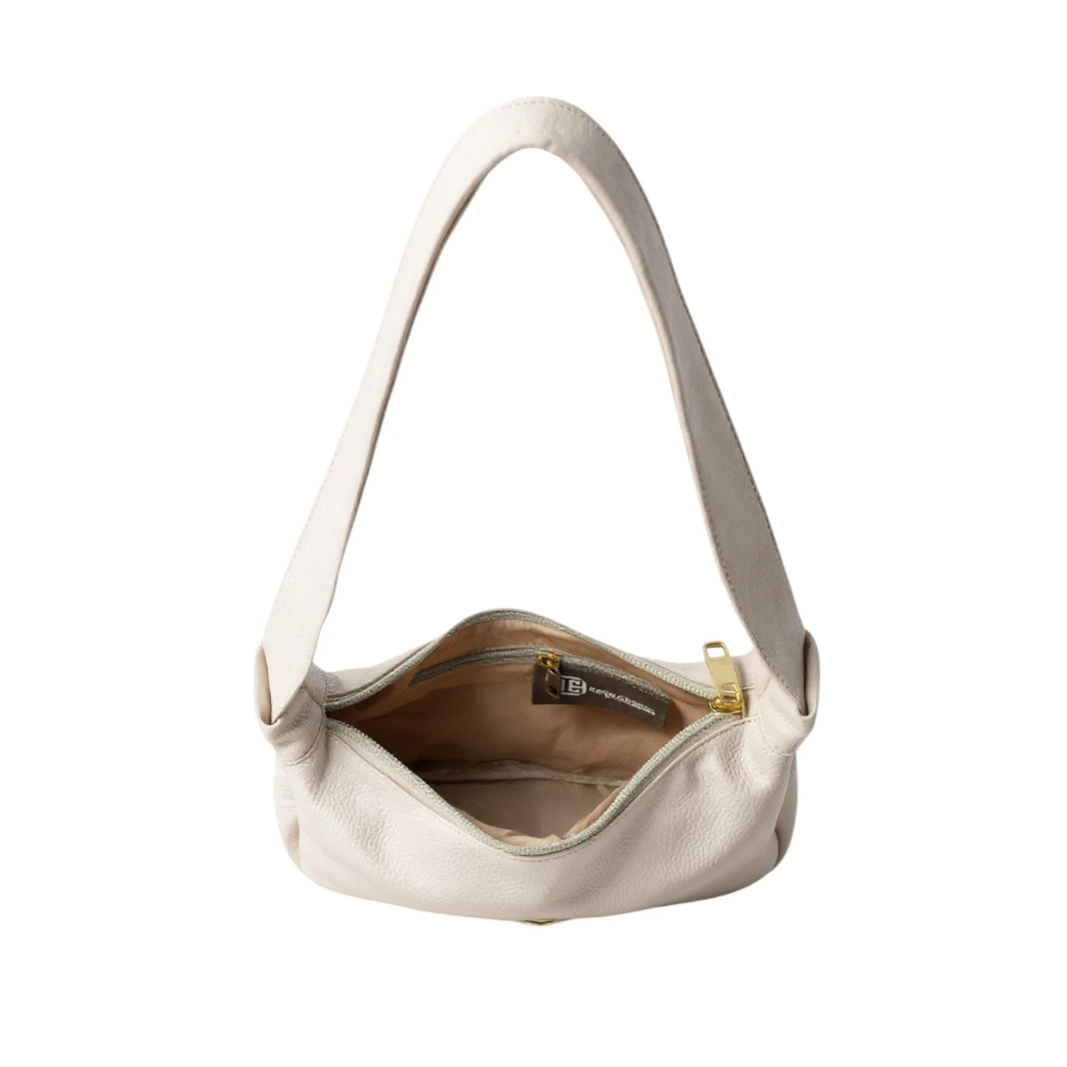 Bolso Dama Karla Chacón Praga beige, material piel, abierto mostrando interior.
