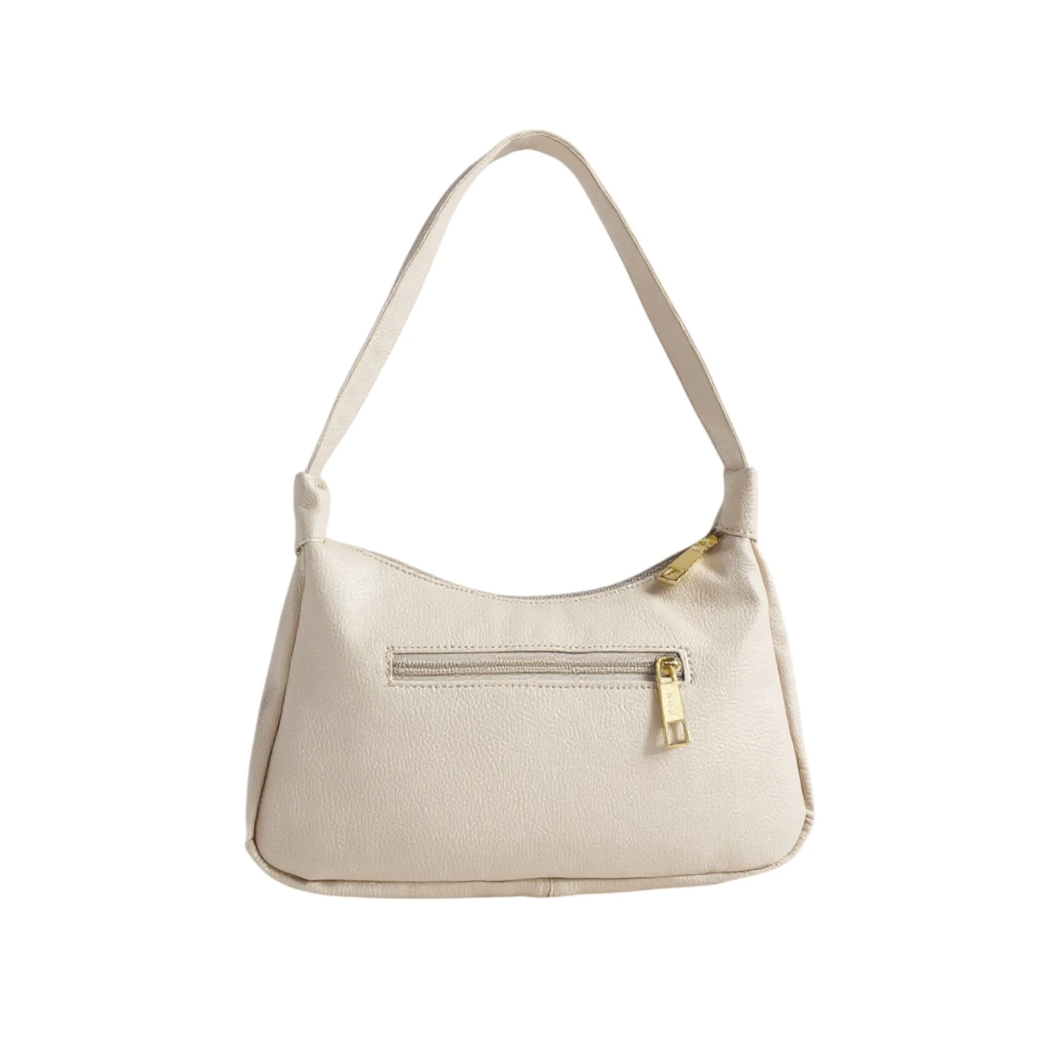 Bolso de dama Karla Chacón Praga beige de cuero texturizado con cremallera dorada, vista posterior.