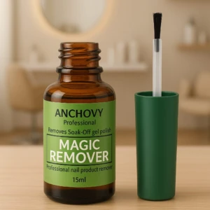 Frasco de vidrio ámbar con etiqueta verde de removedor de esmalte en gel de 15ml junto a una tapa verde con pincel aplicador, sobre mesa de madera.
