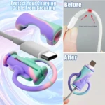Protectores de silicona multicolor (morado, verde, rosa) para el conector USB Tipo C, mostrando cómo evitan la ruptura del cable.