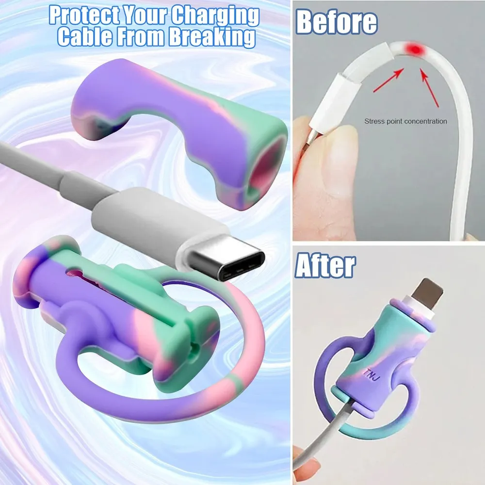 Protectores de silicona multicolor (morado, verde, rosa) para el conector USB Tipo C, mostrando cómo evitan la ruptura del cable.