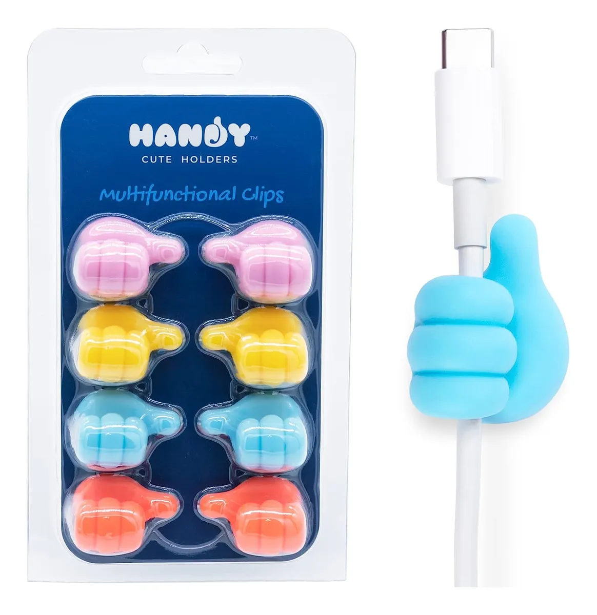 Paquete de 8 clips sujetacables multifuncionales tipo pulgar en colores rosa, amarillo, azul y naranja, y un clip azul sosteniendo un cable USB-C.