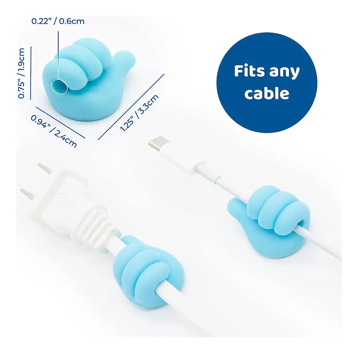Sujetador de cable azul claro con forma de pulgar hacia arriba sujetando cables, dimensiones 0.75"x0.94"x1.25", apto para cualquier cable.