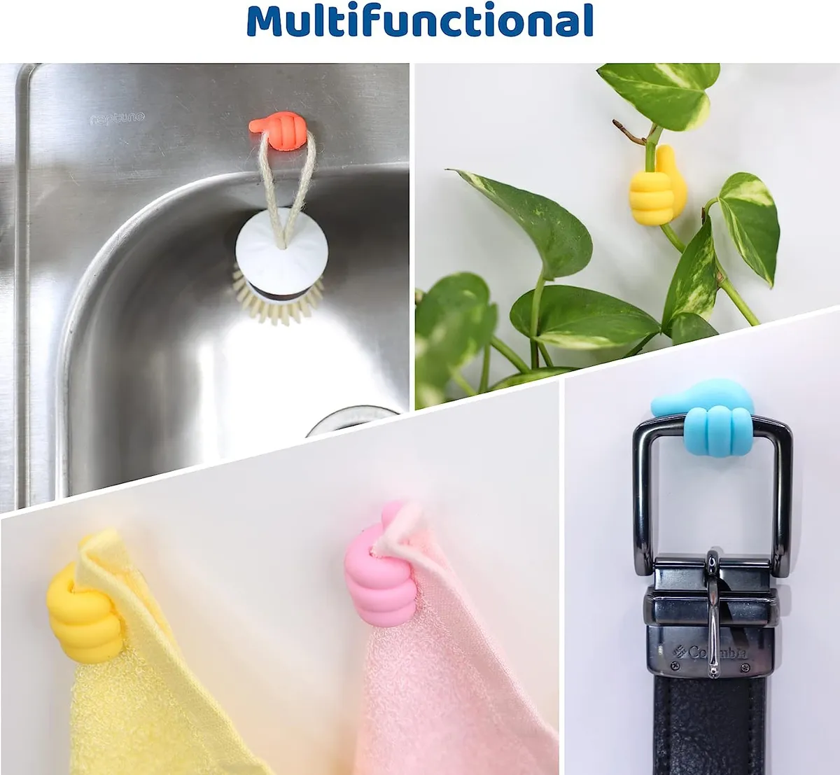 Ganchos adhesivos multifuncionales con forma de pulgar arriba en colores naranja, amarillo, rosa y azul, sujetando cepillo de cocina, planta, toallas y cinturón.
