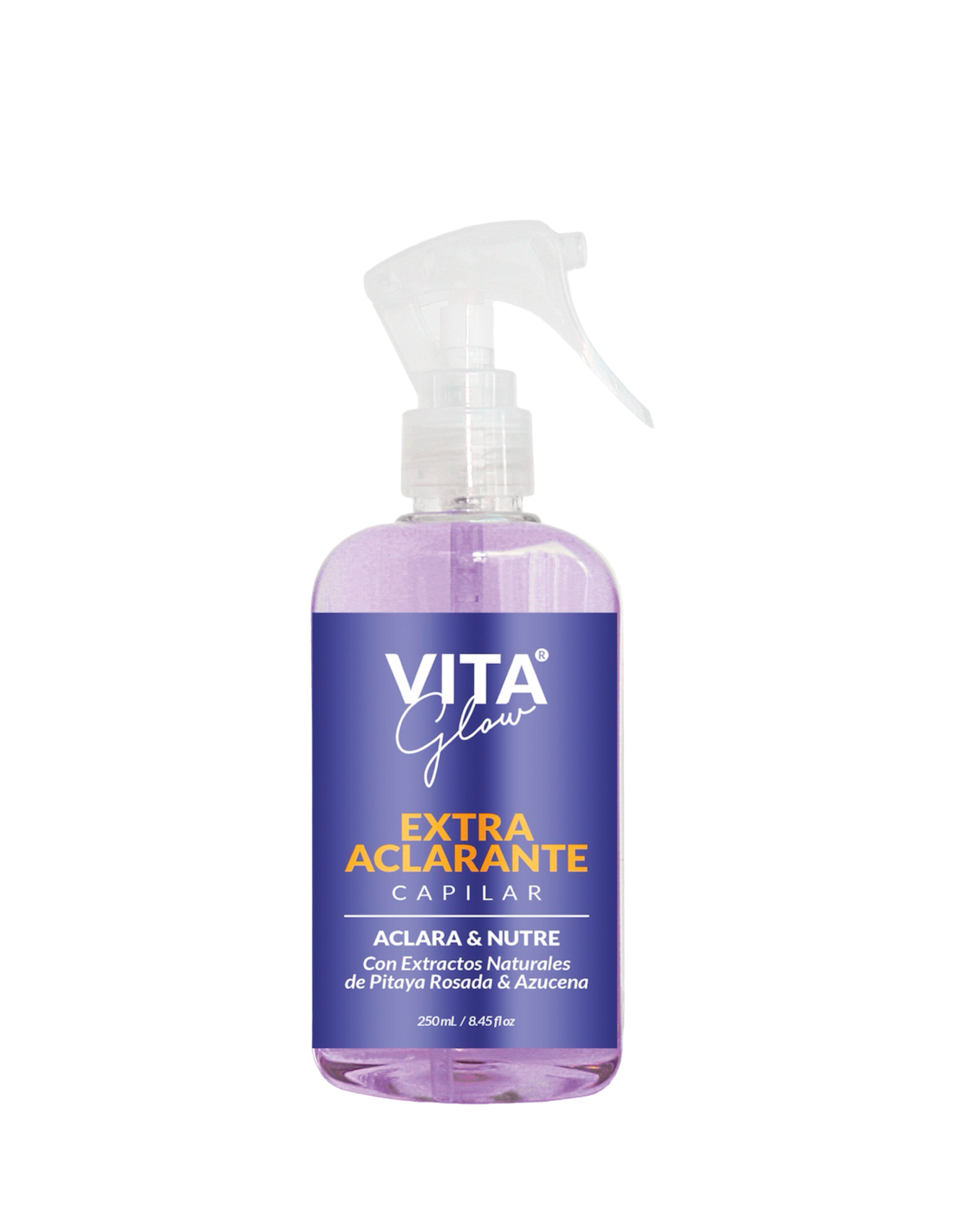 Spray capilar Vita Glow extra aclarante con extractos naturales de pitaya rosada y azucena en frasco morado transparente de 250ml.