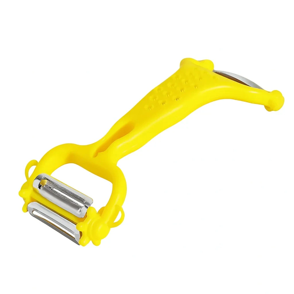 Pelador 8 en 1 amarillo brillante con mango ergonómico y cabezal giratorio con tres cuchillas de metal.