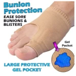 Calcetín corrector de juanetes color piel con gel protector para aliviar dolor.