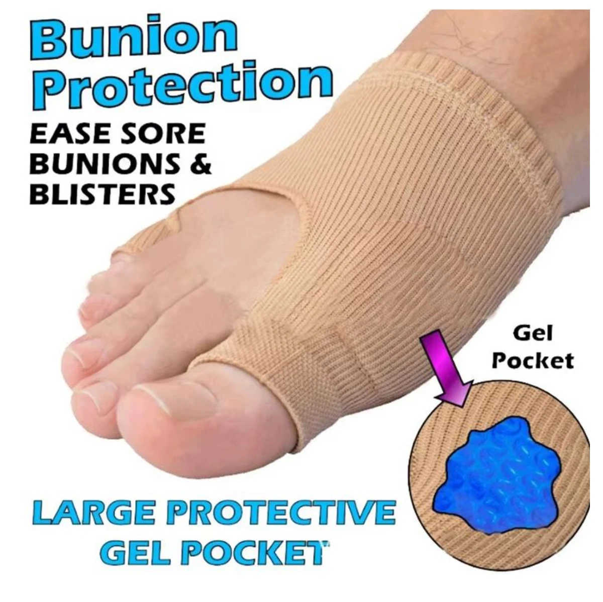 Calcetín corrector de juanetes color piel con gel protector para aliviar dolor.