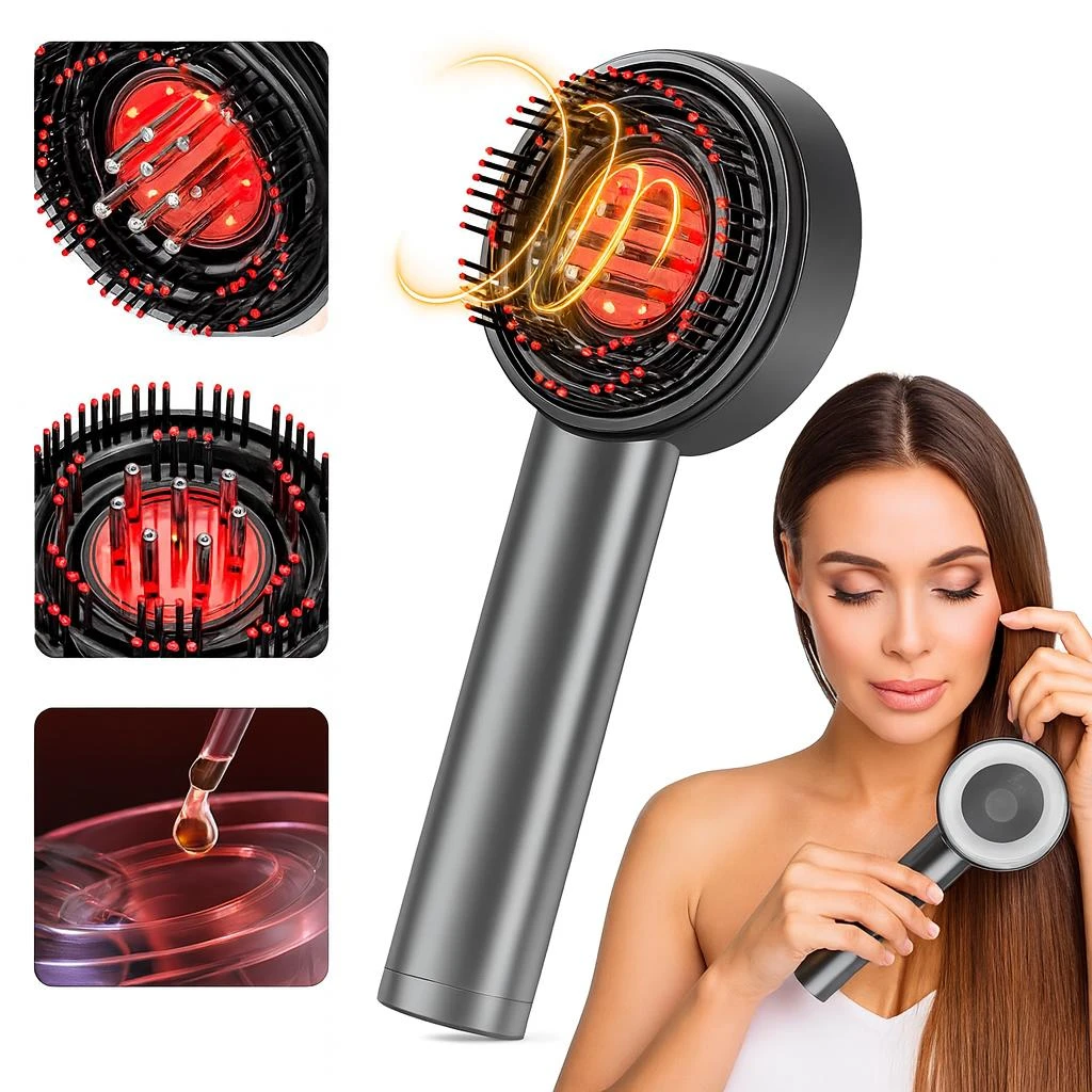 Cepillo masajeador capilar gris con luz LED roja, cerdas para tratamiento, depósito de líquido y mujer usándolo para cuidar su cabello con terapia lumínica.