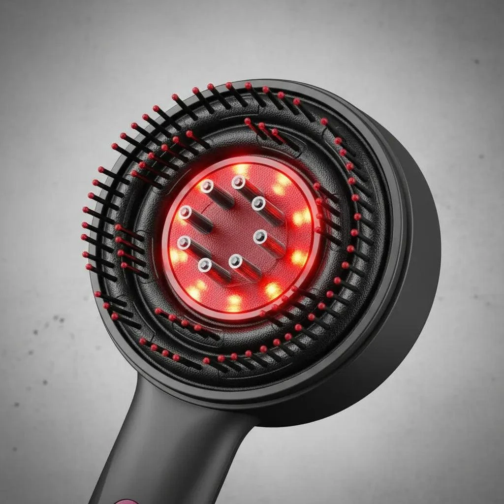 Cabezal de cepillo masajeador capilar negro con cerdas integradas y panel central circular de luz LED roja para estimulación del cuero cabelludo.