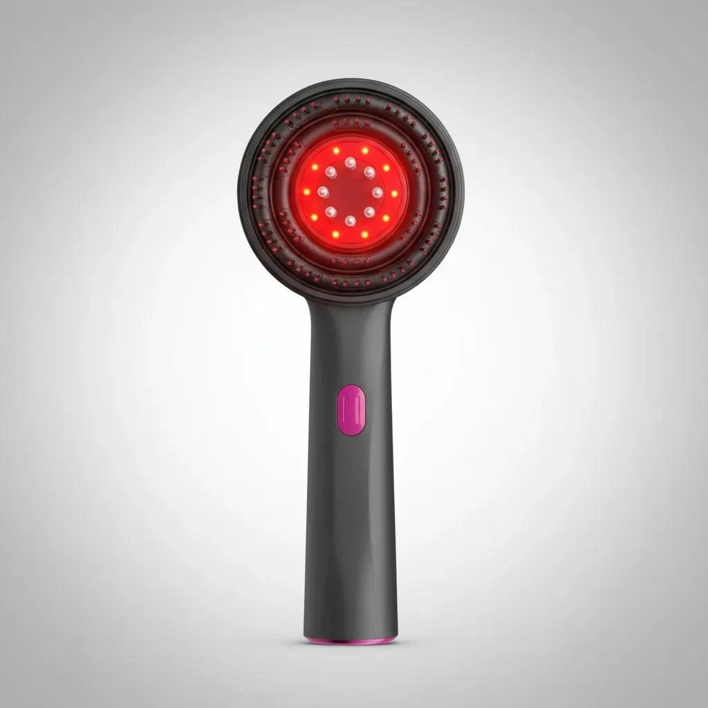 Cepillo masajeador capilar de mango gris con cabezal circular que emite luz LED roja desde el centro, diseñado para tratamientos y cuidado del cuero cabelludo.