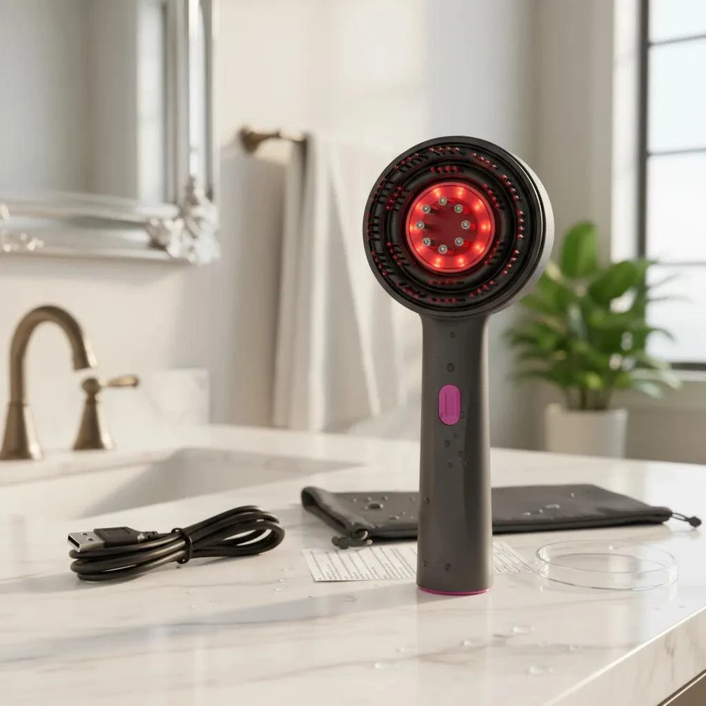 Cepillo masajeador capilar gris oscuro con luz LED roja circular, incluye cable de carga USB, estuche y protector sobre encimera de baño de mármol.