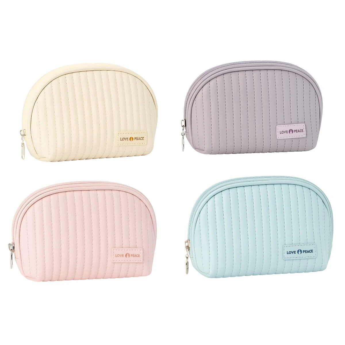 Neceser de viaje acolchado azul claro con etiqueta "LOVE PEACE".