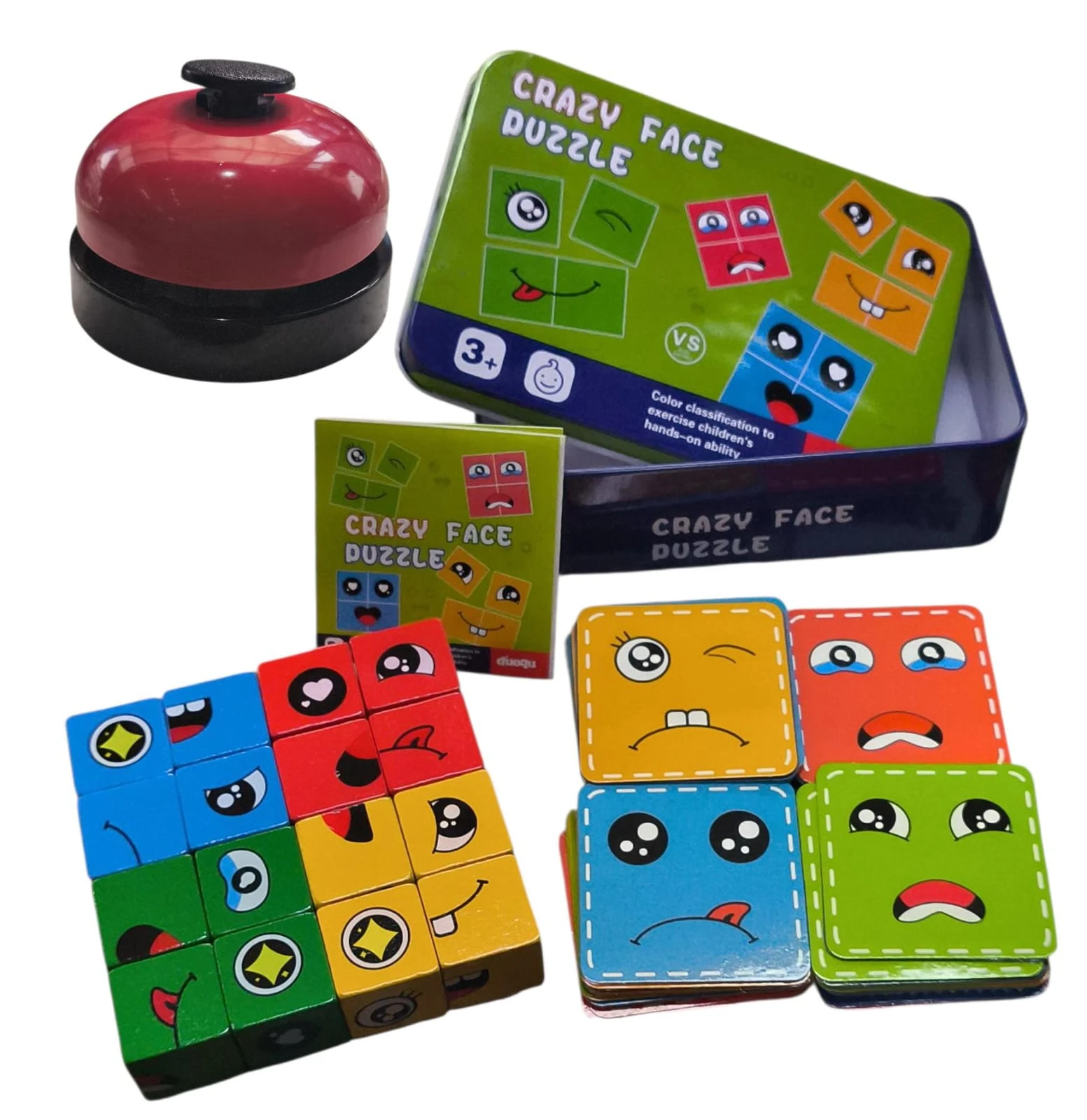 Juego de mesa Cambio de Emociones con cubos de colores y campana, ideal para niños.