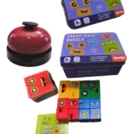 Juego de mesa rompecabezas de caras con cubos y tarjetas, campana roja de servicio, para niños.