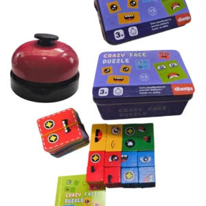 Juego de mesa rompecabezas de caras con cubos y tarjetas, campana roja de servicio, para niños.