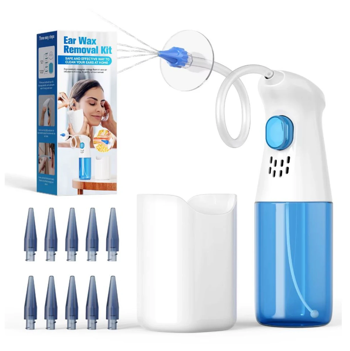 Kit profesional limpieza de oídos con rociador, recipiente y puntas de repuesto.