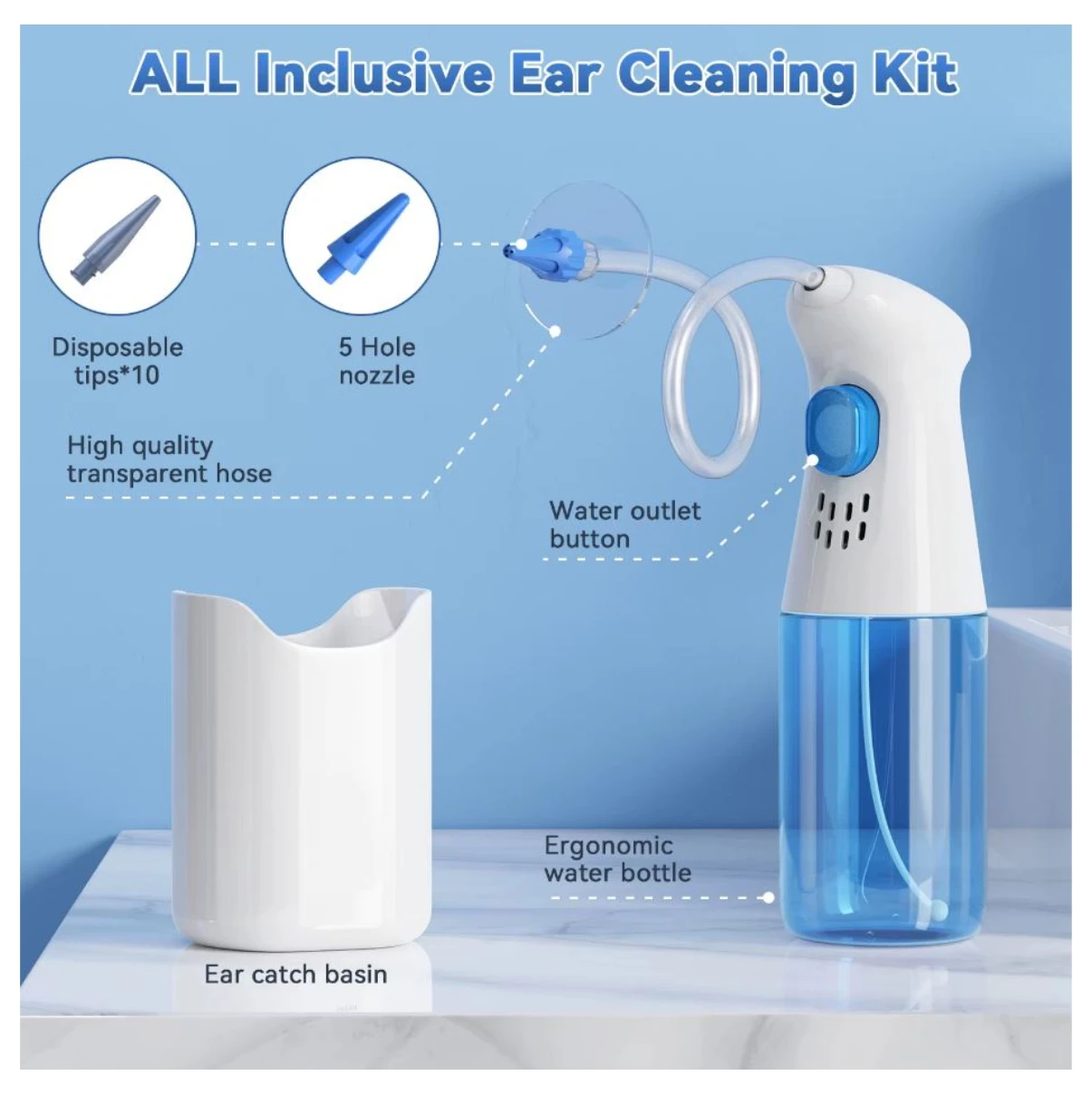 Kit profesional de limpieza de oídos con jeringa, boquillas y recipiente para agua.