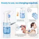 Kit de limpieza de oídos con botella azul, boquilla y guía de uso para higiene segura.