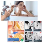 Kit profesional para limpieza de oídos con irrigador seguro y efectivo, ilustra anatomía y métodos de limpieza alternativos.