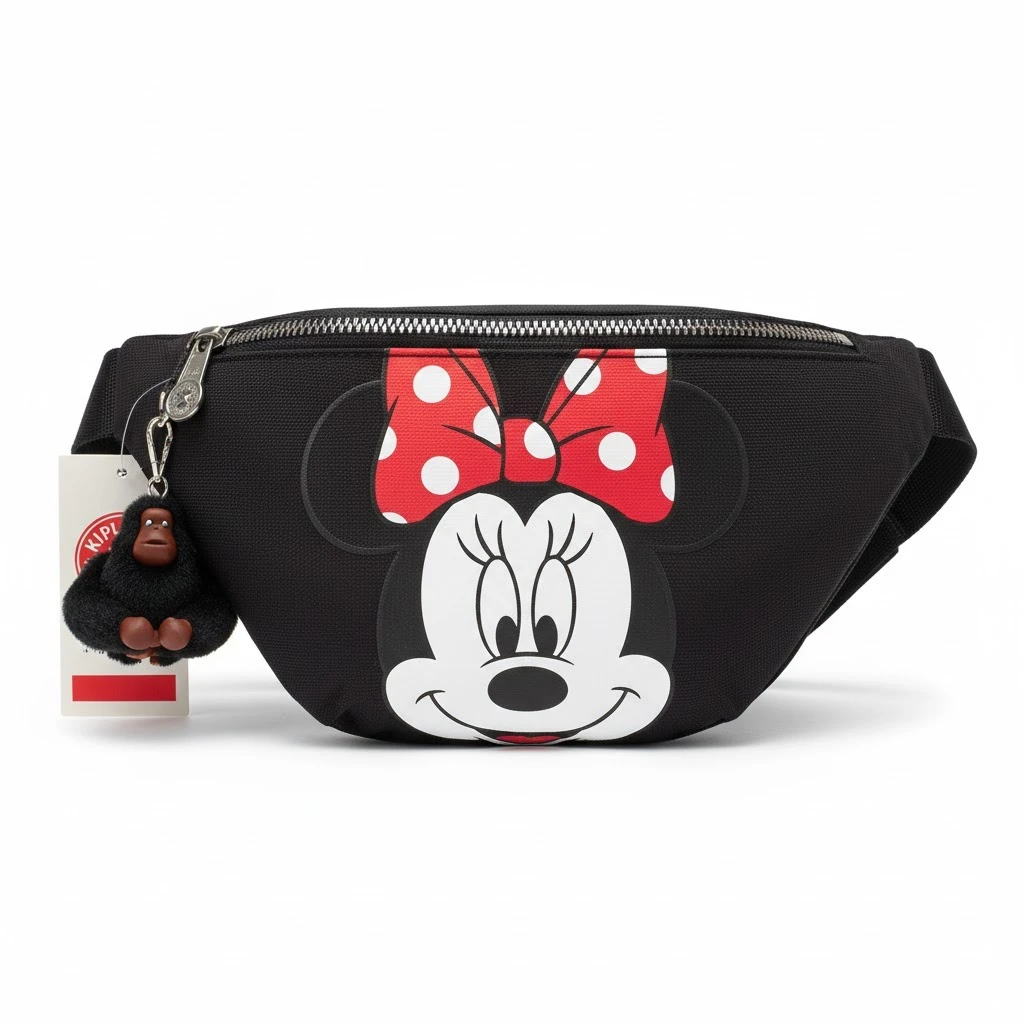 Canguro negro Kipling con Minnie Mouse y accesorio de mono peludo.