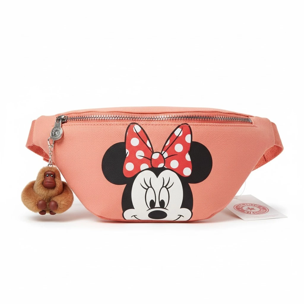 Canguro Kipling rosa con estampado de Minnie Mouse y monito peludo colgante.