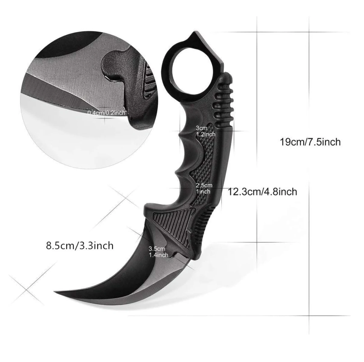 Cuchillo Karambit táctico negro con medidas detalladas en centímetros y pulgadas.